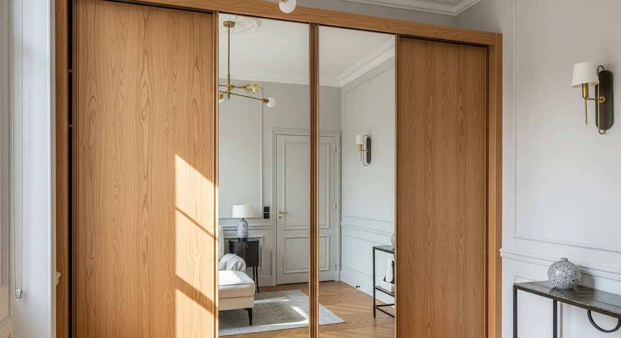 Dressing sur mesure en bois naturel avec portes coulissantes miroir dans un appartement parisien