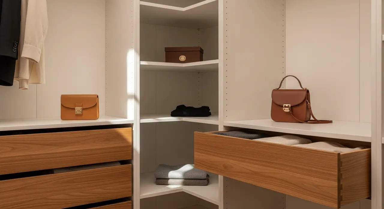 Intérieur de placard sur mesure avec étagères en panneau mélaminé blanc et tiroirs en bois