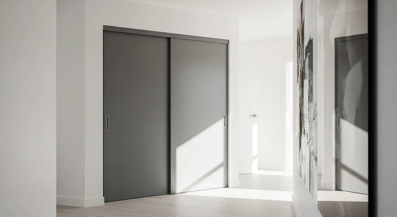 Placard encastré dans une alcôve avec portes coulissantes grises dans un couloir moderne