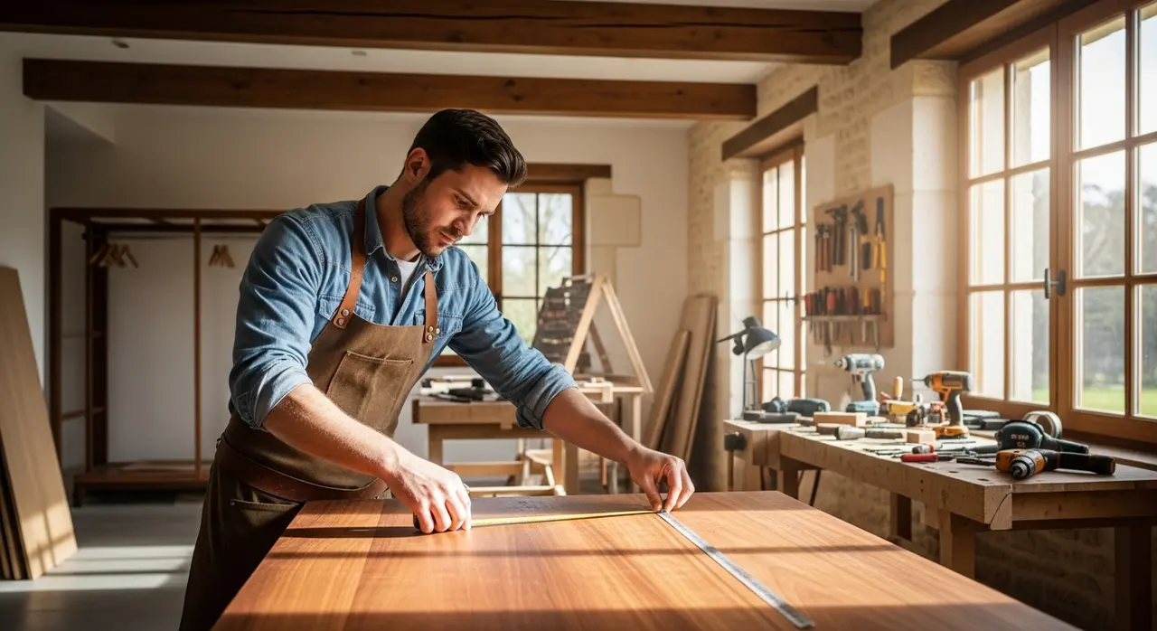 Artisan menuisier en atelier mesurant un panneau de bois pour un placard sur mesure