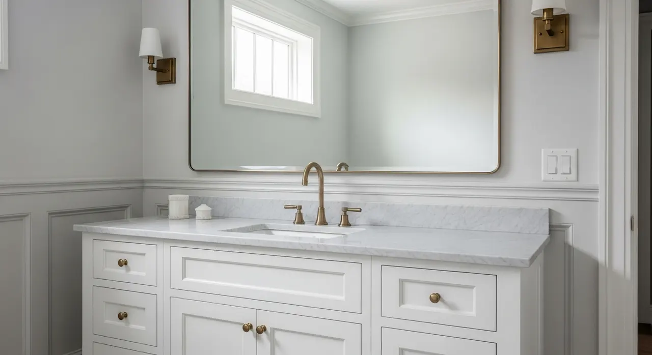 Placard sur mesure en bois blanc dans une salle de bain moderne avec miroir