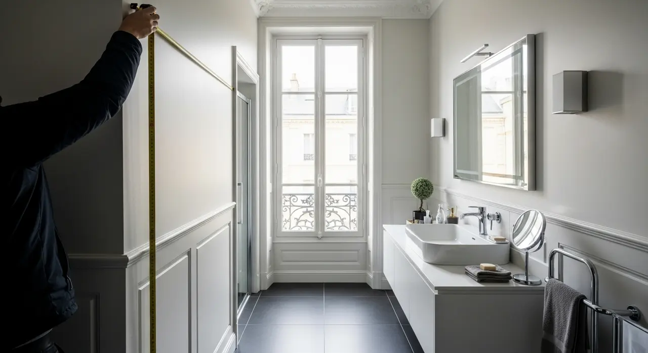 Mesure d'un espace salle de bain pour installation d'un placard sur mesure