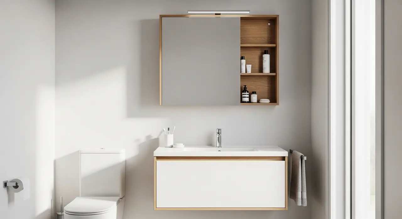 Placard coulissant avec miroir dans une petite salle de bain contemporaine