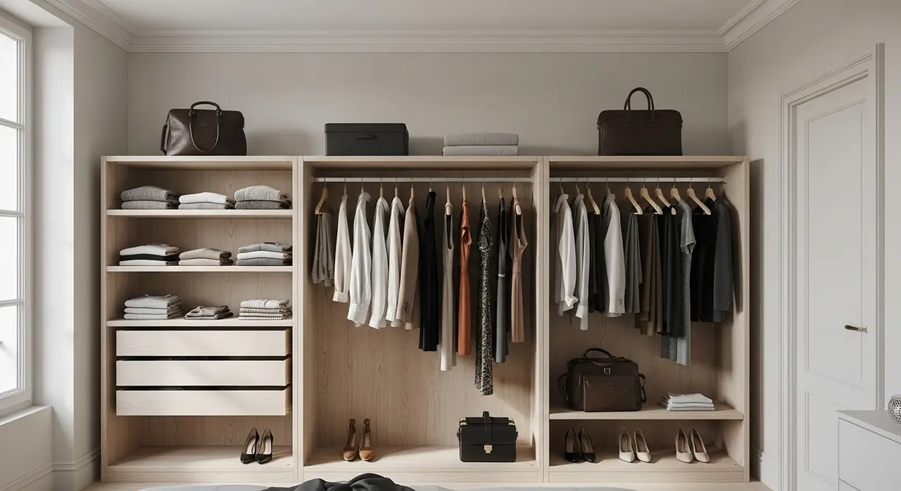Dressing sur mesure ouvert en bois clair dans une chambre moderne avec rangements optimisés