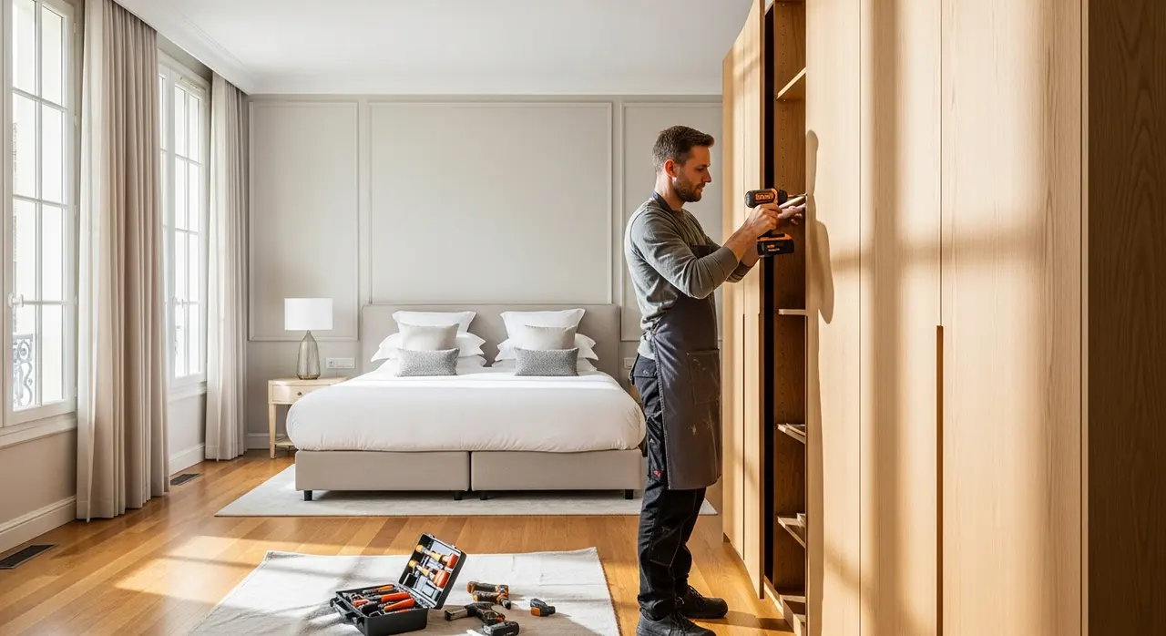 Artisan menuisier installant un dressing sur mesure dans une chambre, vissage des éléments
