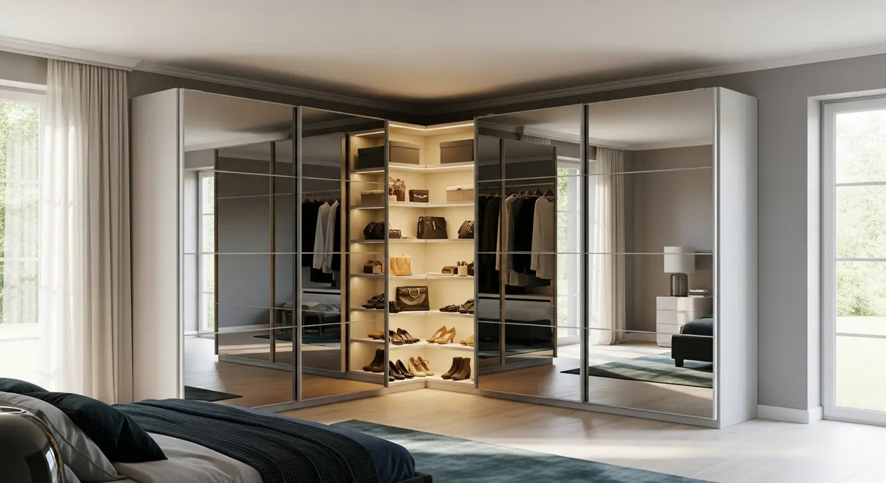 Dressing sur mesure en L avec portes miroir coulissantes dans une grande chambre lumineuse