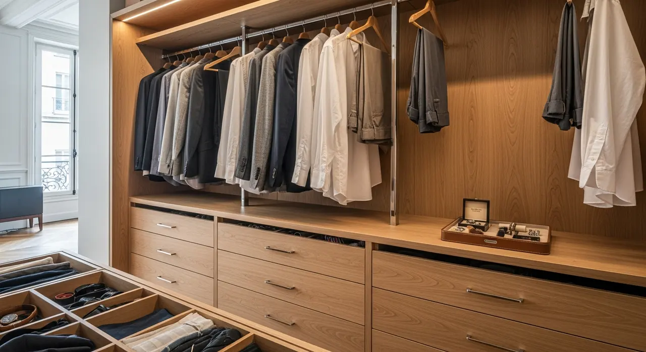 Intérieur d'un dressing sur mesure avec tiroirs en bois et tringles chromées
