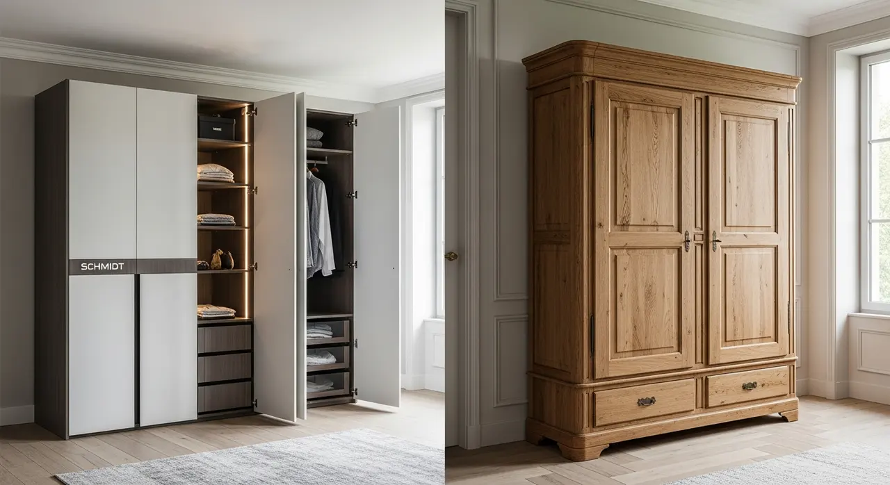 Comparaison d'un dressing Schmidt en showroom et d'un dressing artisanal en bois massif