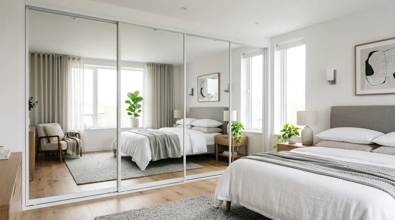 Placard coulissant blanc avec portes miroir dans une chambre moderne