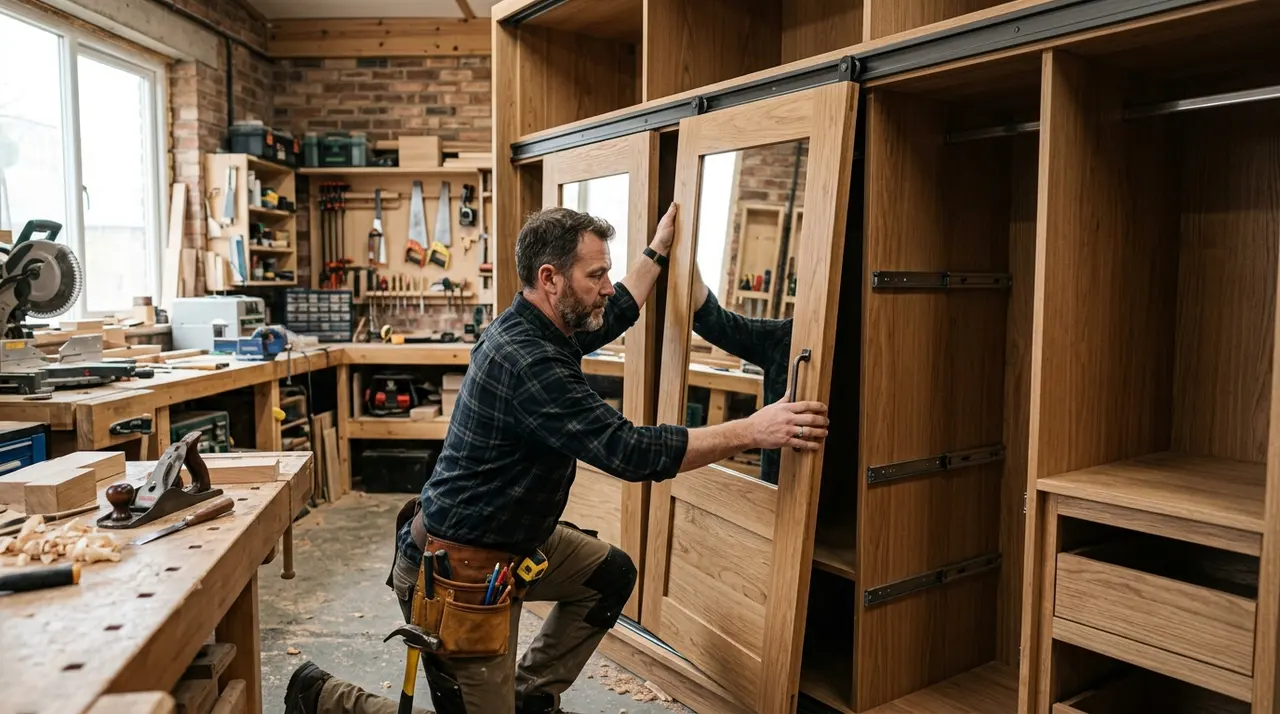 Artisan menuisier installant un placard coulissant sur mesure en bois