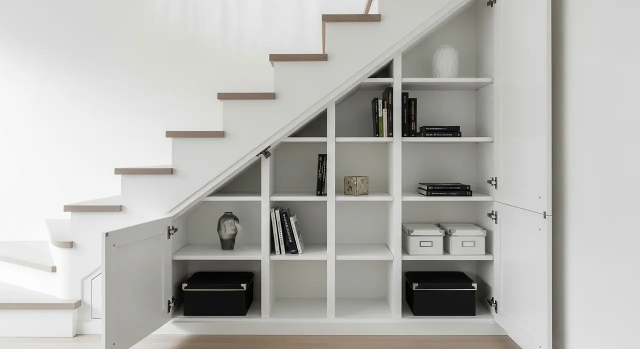 Placard sur mesure sous escalier en bois blanc avec portes battantes et rangements intégrés