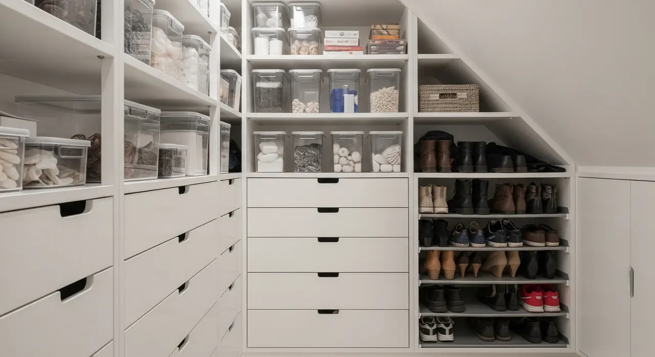 Intérieur aménagé d'un placard sous escalier avec étagères, tiroirs et rangements chaussures en mélaminé blanc