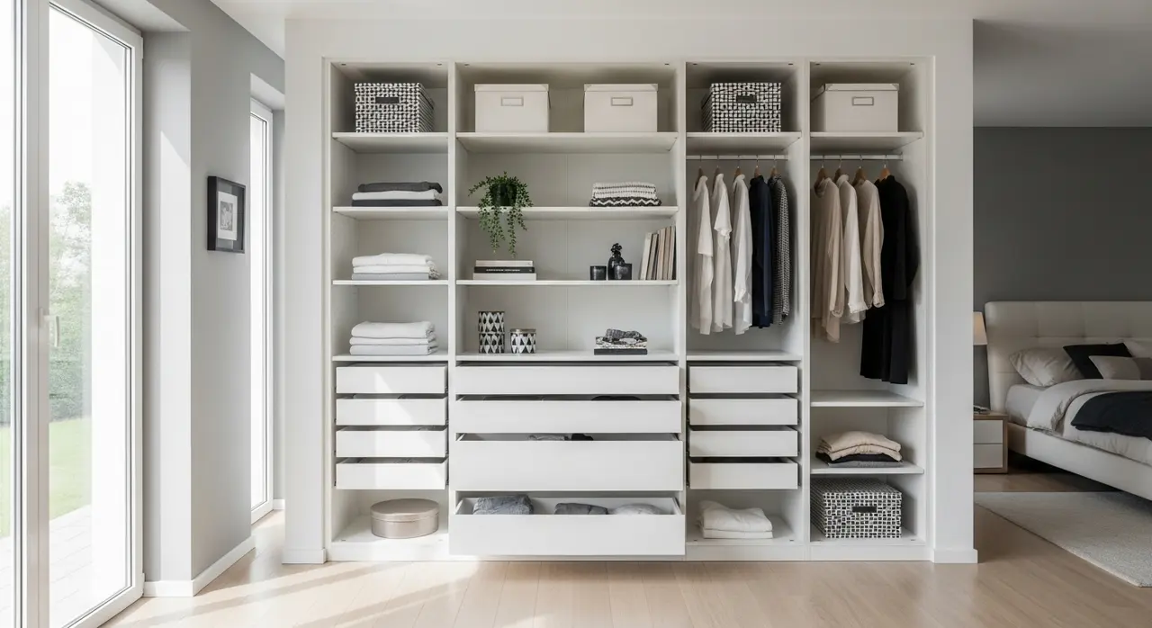 Intérieur d'un placard sur mesure en mélaminé blanc avec étagères, tiroirs et penderie dans une chambre moderne