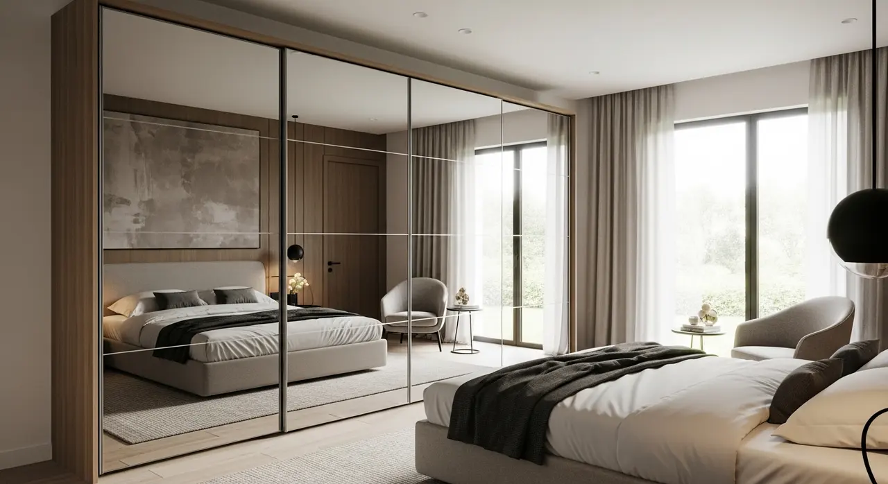 Placard sur mesure avec portes coulissantes miroir dans une chambre parentale contemporaine