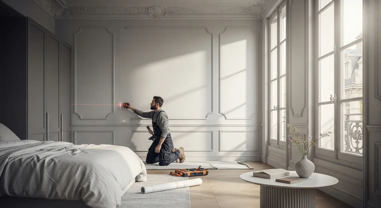 Artisan menuisier mesurant un mur de chambre pour installer un placard sur mesure