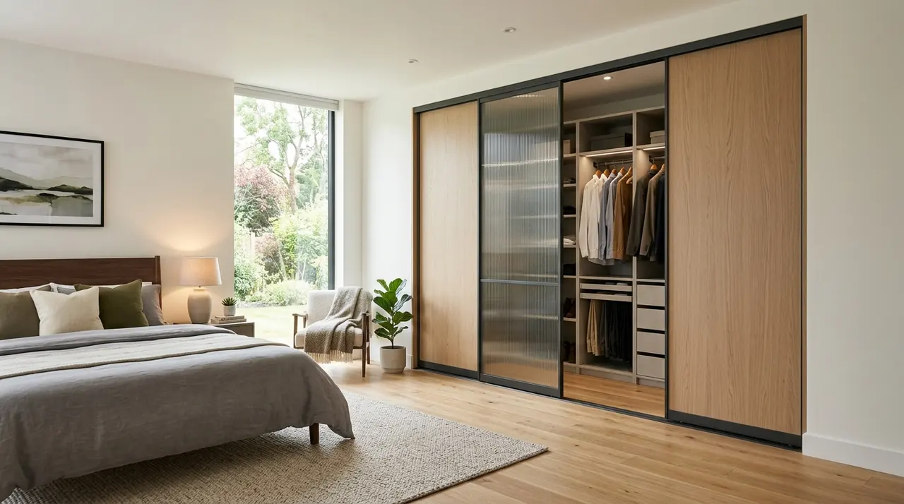 Système de porte coulissante sur mesure avec rail encastré dans un placard moderne