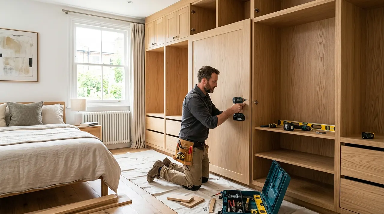 Artisan menuisier installant un placard sur mesure dans une chambre