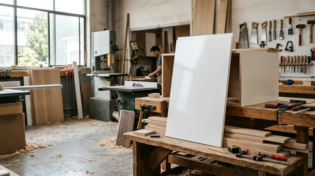 Panneau MDF blanc laqué pour caisson de placard sur mesure en atelier menuisier