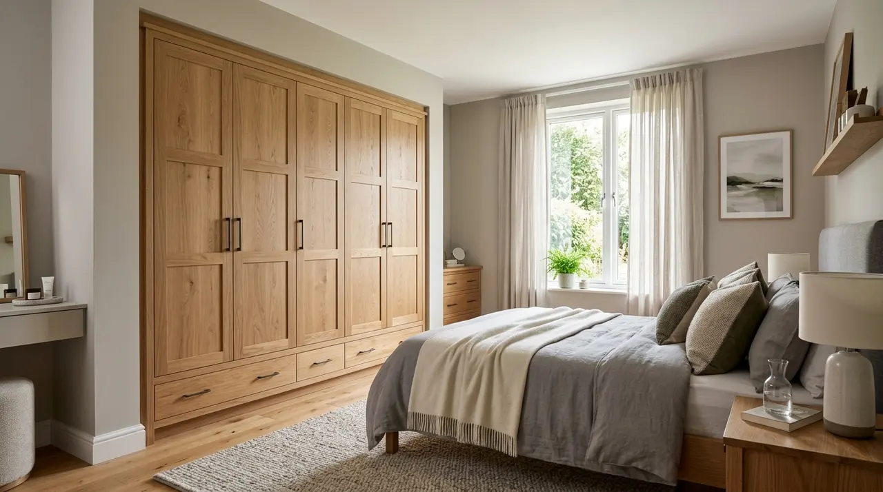 Placard sur mesure en chêne massif avec portes à cadres dans une chambre moderne