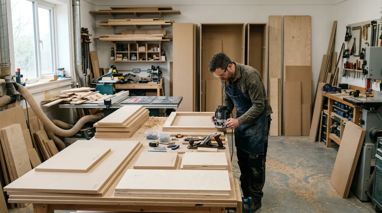 Atelier menuisier avec panneaux MDF et contreplaqué découpés pour placard sur mesure