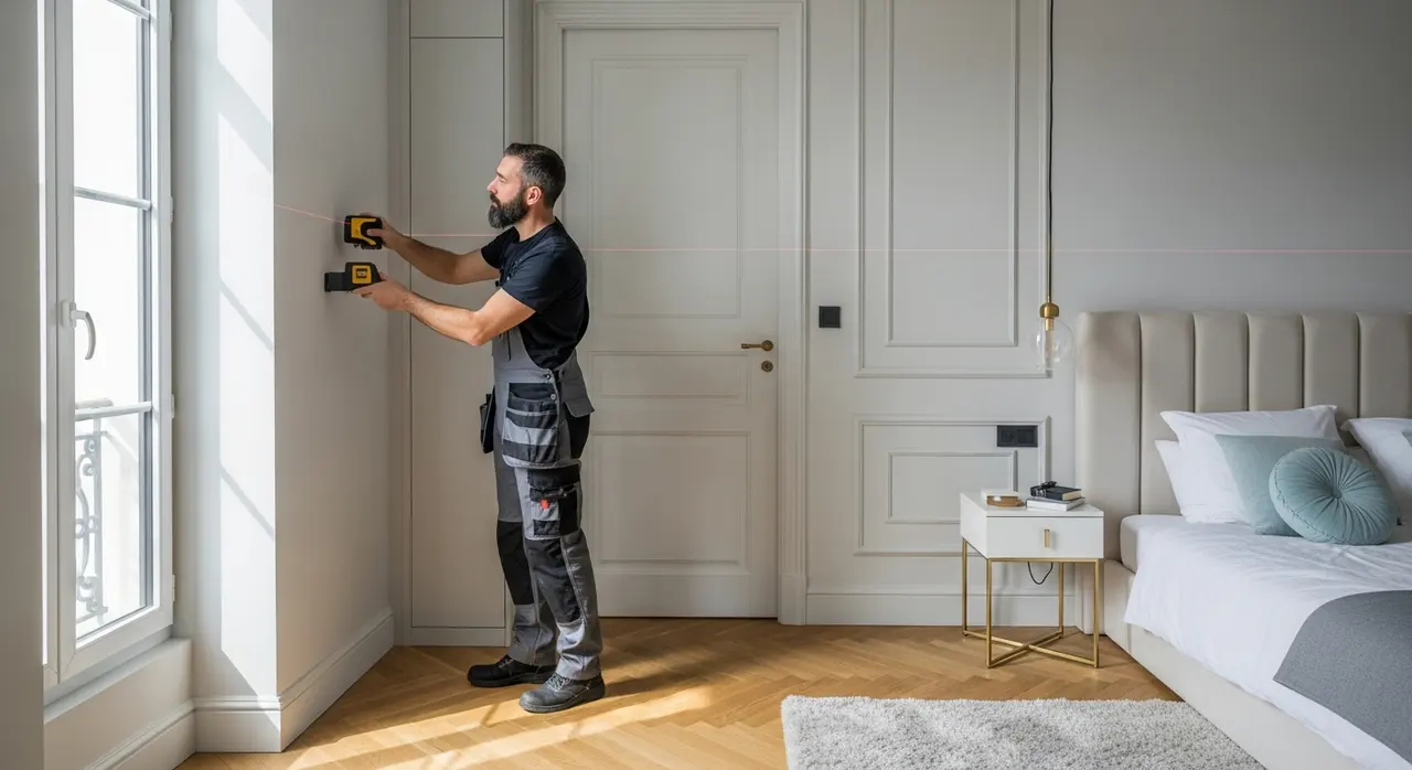 Menuisier en train de prendre des mesures dans une chambre pour un placard sur mesure