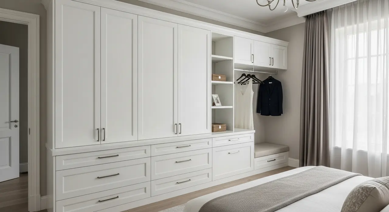 Dressing sur mesure en bois blanc avec tiroirs et penderies dans une chambre moderne