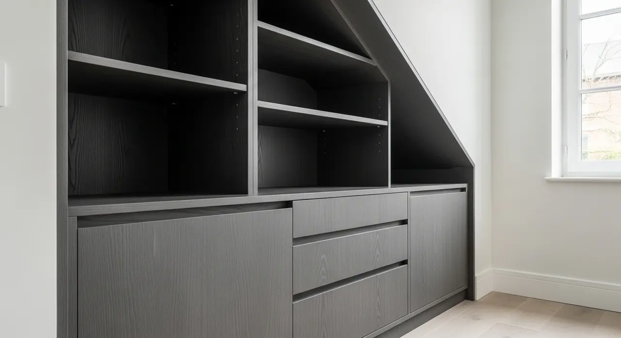 Placard sous escalier sur mesure en bois gris anthracite avec rangements intégrés